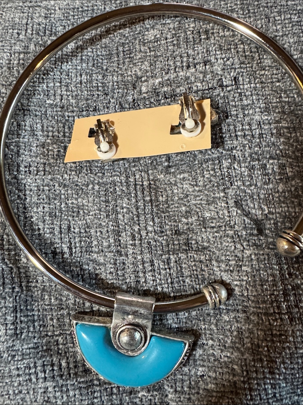 Silver-Tone Necklace & Clip On Earrings with Turquoise Crescent Accents - Picture 2 of 6
